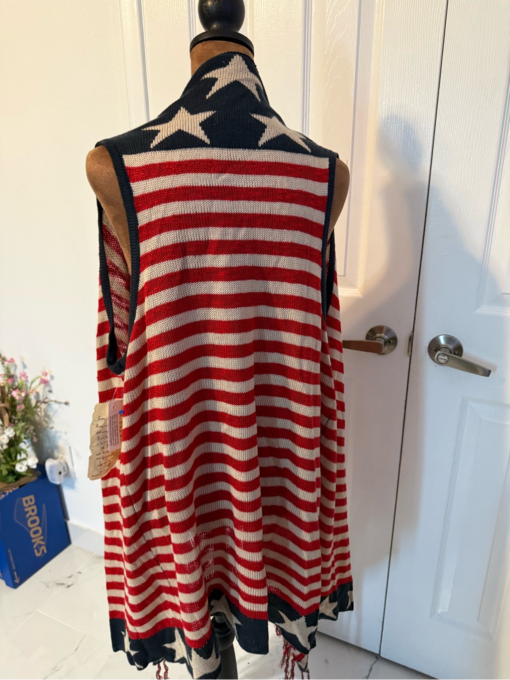 One World Red And White Striped Fringe Shawl With Navy Trim — image 6 of 7